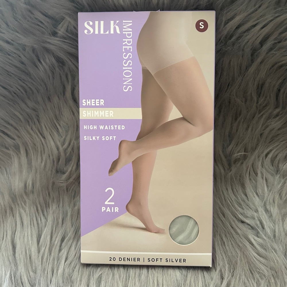Silk Impressions Sheer Shimmer Tights Women's Size Small Soft Silver High Waist